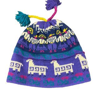 Vtg 80s Poppy Gall Made in USA Purple Wool Pom Pom Beanie Hat Winter Womens